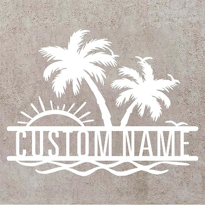 Personalized Backyard Pool Metal Sign Custom Sunshine Palm Tree Beach House Metal Wall Art Personalized Ocean Waves Pool Patio Decoration Birthday Family Pool Home décor Tree House Sign
