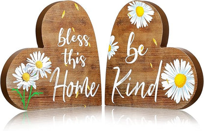 Jetec 2 Pcs Rustic Table Decorations for Living Room Home Decor Farmhouse Valentines Day Centerpiece Small Love Wooden Heart Decor for Dining Room Shelf Valentines Gift Decoration(Daisy Style)