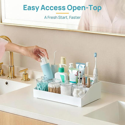 Vtopmart 5 PCS Bathroom Countertop Organizer, 1 Divided Tray with 4 Qtip Holder Jars, Restroom Clear Organizers for Toothbrush, Cotton Pads Balls, Floss, Bathroom Vanity Accessories Storage Set, White