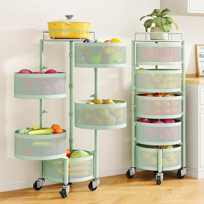 SNTD Fruit and Vegetable Basket Bowls for Kitchen with Metal Top Lid, 5 Tier Rotating Storage Rack Cart for Potato Onion Bread Banana, Wire Basket Organizer on Wheels, Large (Green)