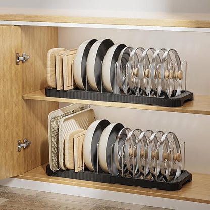 MUDEELA Pots and Pans Organizer under Cabinet, Expandable Rack with Pot Lid Holder and 12 Adjustable Dividers, Pan Organizers inside Cabinet for Kitchen Organization, Cutting Boards, Baking Sheets