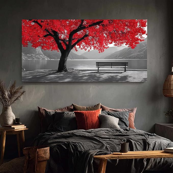 Tarfupth Black and White Red Large Tree of Life Wall Art for Living Room Mountain Artwork Landscape Lake Pictures for Bedroom Office Home Decor Modern Canvas Prints 29"x58"