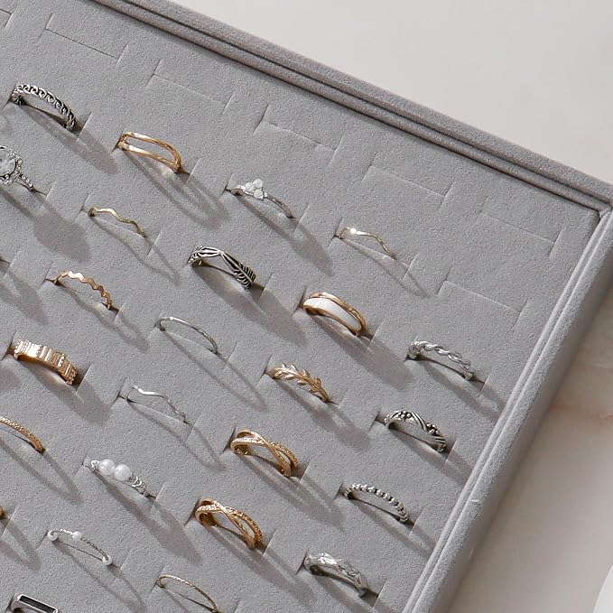 Large Velvet Jewelry Tray 2 Pack Stackable Jewelry Display Drawer Inserts Trays Organizer for Earring Bracelet Necklace Ring (Gray, Ring 81 Slots)