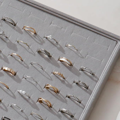 Large Velvet Jewelry Tray 2 Pack Stackable Jewelry Display Drawer Inserts Trays Organizer for Earring Bracelet Necklace Ring (Gray, Ring 81 Slots)