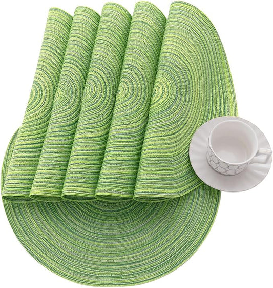 SHACOS Round Placemats Set of 6 for Dining Tables 15 inch Cotton Braided Placemats Washable Reversible for Kitchen Holiday Party (Mixed Color Pea Green, 6)