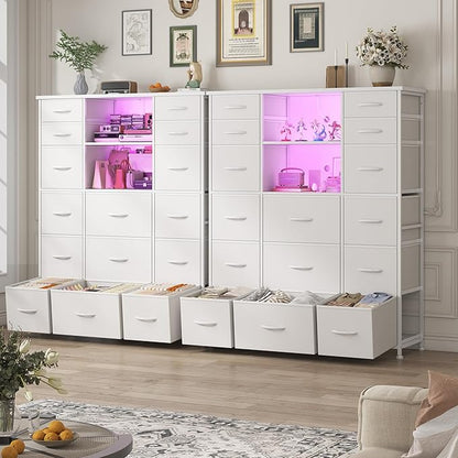 EnHomee 51" H White Dresser with 15 Drawers Dresser for Bedroom with Charging Station & LED Lights & Hutch Sturdy Bedroom Dressers, Steel Frame, Wood Top, 51.2" H x 39.3" W x 11.8" D