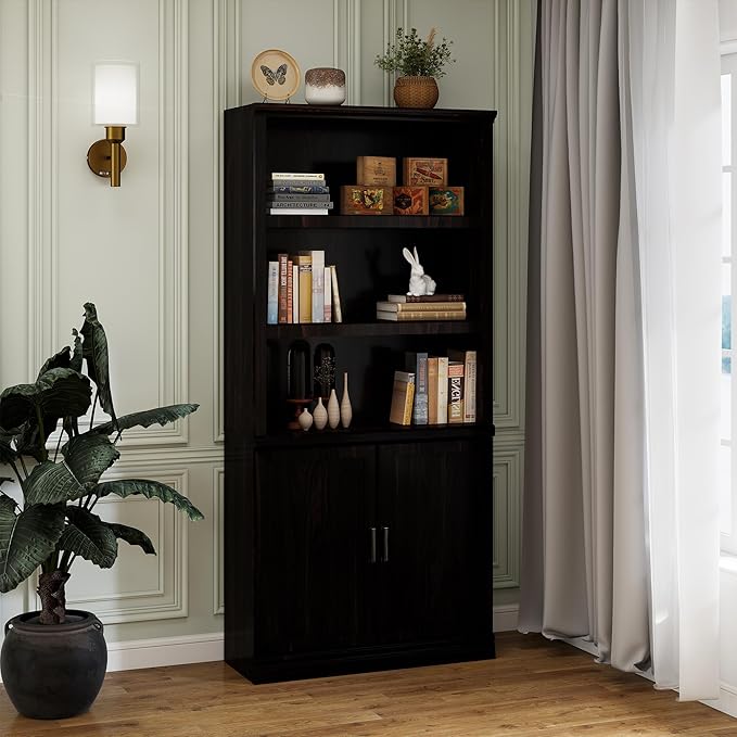 70 Inch Tall Bookcase with Doors, Library Office Bookshelf with Adjustable Shelves, Floor Standing Book Cabinet Shelves for Living Room Bedroom with Anti Tipping Kit, Dark Cherry Finish