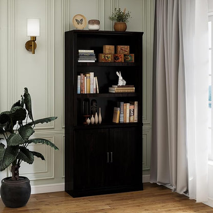 70 Inch Tall Bookcase with Doors, Library Office Bookshelf with Adjustable Shelves, Floor Standing Book Cabinet Shelves for Living Room Bedroom with Anti Tipping Kit, Dark Cherry Finish