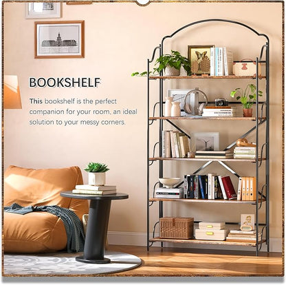 4NM No Assembly Extra Wide Folding Bookshelf for Living Room, 5 Tiers Collapsible Book Shelves Open Industrial Foldable Bookcase Storage Shelf for Home Office - Rustic Brown Black