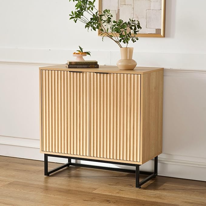 Fluted Storage Cabinet Sideboard Buffet Cabinet, Modern Accent Cabinets with Adjustable Shelves, Wooden Credenza, Console Table Entryway Cabinets for Living Dining Room, Natural Oak