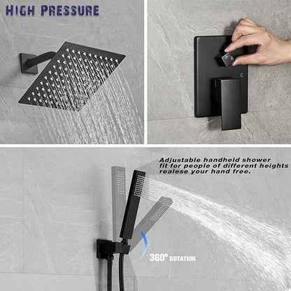 Shower Faucet Set Rain Shower System Matte Black with High Pressure 8-Inch Shower Head Handheld Square Shower Head Bathroom Luxury Rain Shower Faucet Shower Complete Combo Kit Wall Mounted