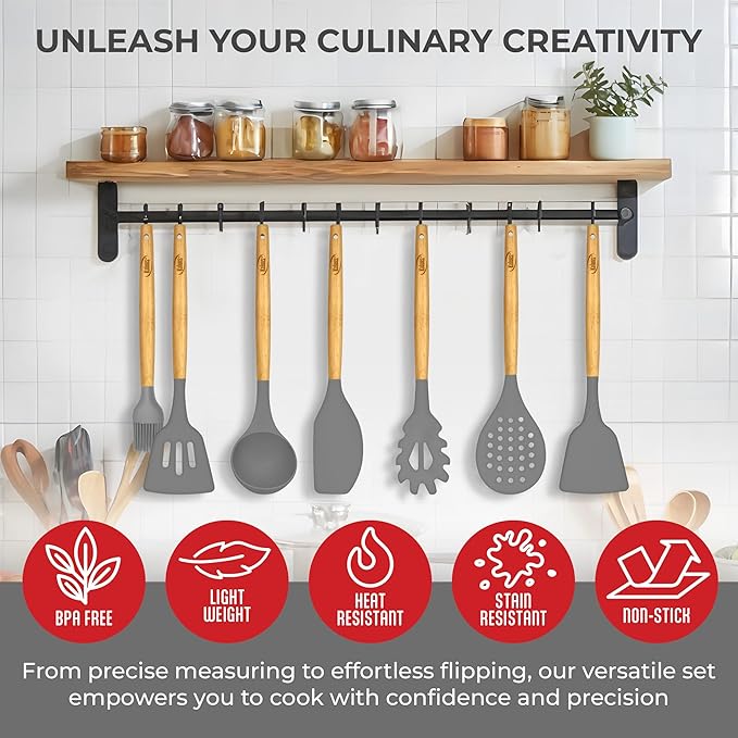 Kitchen Utensils Set, 21 Wood and Silicone Cooking Utensil Set, Non-Stick and Heat Resistant Kitchen Utensil Set, Kitchen Tools