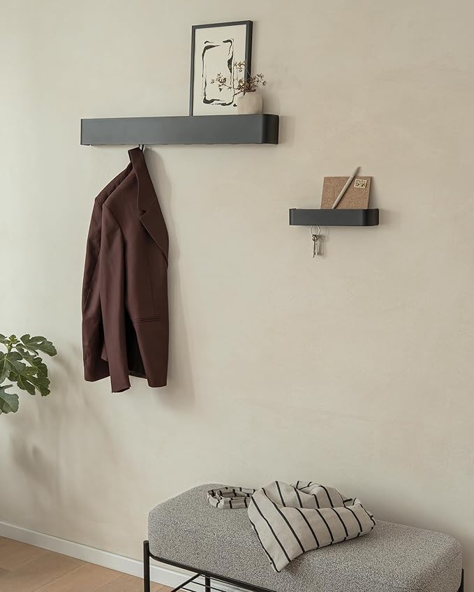 Kazai.® Coat Rack Wall Mount with Shelf 'Tone' | Modern Design Coat Hanger with Hidden Hooks and Storage | Hat Rack with Shelf in Metal | Wall-Mounted Purse Organizer | Black