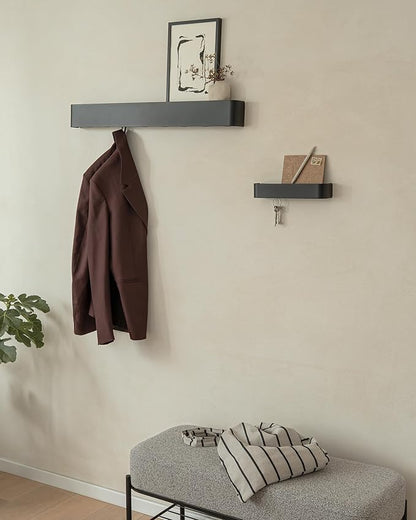 Kazai.® Coat Rack Wall Mount with Shelf 'Tone' | Modern Design Coat Hanger with Hidden Hooks and Storage | Hat Rack with Shelf in Metal | Wall-Mounted Purse Organizer | Black