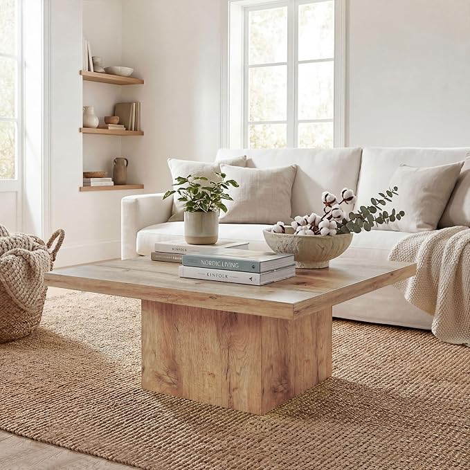HOMCOM Square Coffee Table, Center Table with 1.6" Thick Tabletop for Living Room, Easy Assembly, 31.5"x31.5", Light Brown Wood Grain