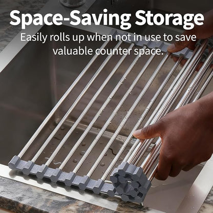 Roll Up Dish Drying Rack for Over Sink -17.5"x11.8" Foldable Stainless Steel Kitchen Drainer，Gray