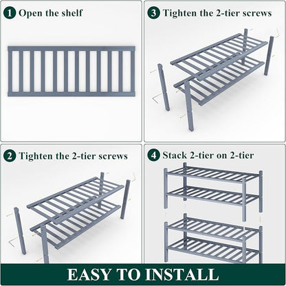 Smiry Bamboo Shoe Rack, 4 Tier Free Standing Wooden Shoe Organizer, Stackable Wood Shoe Storage Shelf for Closet, Entryway, 12 Vertical Slats, 2+2 Stack Standard Legs, 26.8"x11"x26", Grey