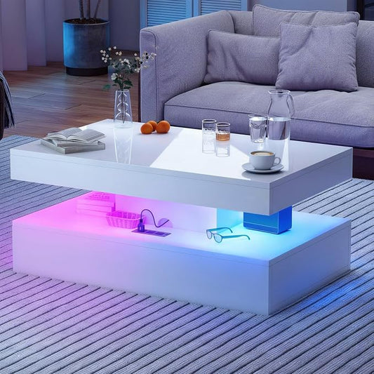 39” High-Glossy LED Coffee Table with 2 Sliding Drawers, Living Room Storage Coffee Tables, Modern Stylish Double-Layer Center Tables with LED Lights, White