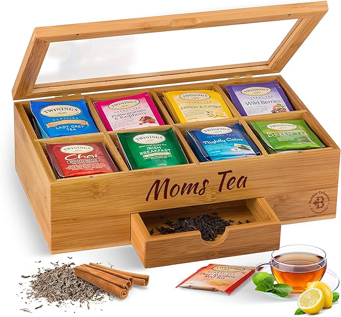 Personalized Tea Bag Organizer - Custom Engraved Bamboo Tea Box Organizer, 8-Compartment Tea Box with Magnetic Acrylic Lid, Mothers Day Gifts for Mom, Grandma Gift Wife Gift, Tea Lover Gift by Bambusi
