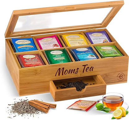 Personalized Tea Bag Organizer - Custom Engraved Bamboo Tea Box Organizer, 8-Compartment Tea Box with Magnetic Acrylic Lid, Mothers Day Gifts for Mom, Grandma Gift Wife Gift, Tea Lover Gift by Bambusi