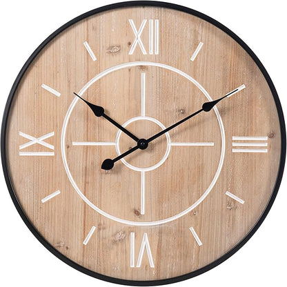 Large Decorative Wall Clock 24 & 30 Inch – Vintage Industrial Farmhouse Modern Style – Iron & Wood, Silent Non-Ticking Quartz, Roman Numerals – Battery Operated