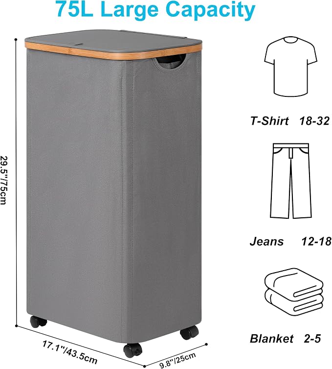 efluky Slim Laundry Basket with Wheels, Tall Rolling Laundry Hamper with Lid and Removable Bag, Aesthetic Dirty Clothes Hamper on Wheels for Laundry Room, Bedroom, Dorm and Bathroom,75L Grey
