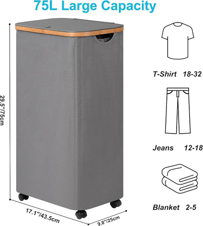 efluky Slim Laundry Basket with Wheels, Tall Rolling Laundry Hamper with Lid and Removable Bag, Aesthetic Dirty Clothes Hamper on Wheels for Laundry Room, Bedroom, Dorm and Bathroom,75L Grey