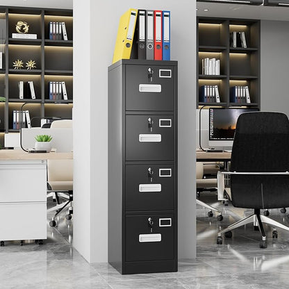 Aobabo 4 Drawer File Cabinet, Metal Filing Cabinet with Lock for Office Letter/Legal Size,Black,Required-Assembly