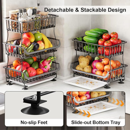 3 Tier Rolling Pantry Floor Organizers and Storage Cart with Wheels, Fruit Basket Stand on Wheels, Vegetable Baskets for Kitchen, Three Tiered Pantry Shelves Organzier for Snack, Produce, Potato,Onion