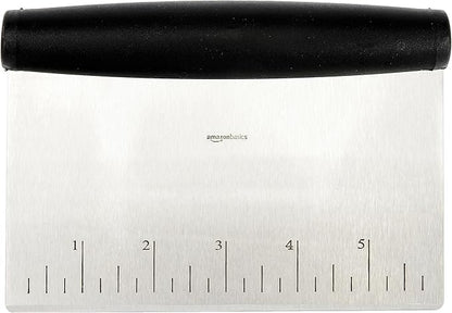 Amazon Basics Multi-Purpose Bench Scraper, Stainless Steel Dough Cutter with Measurement Marks, Dishwasher Safe, Non-slip Contoured Grip, 6", Black, Silver