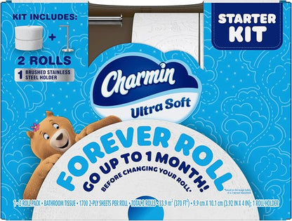 Charmin Toilet Paper Ultra Soft, Forever Roll Starter Kit, 1 Holder, 2 Rolls, 2-ply Bath Tissue