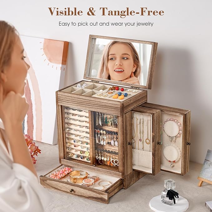 Honiway Jewelry Box for Women, 5 Layer Rustic Wooden Jewelry Organizer with Glass Window, 4 Drawers, Mirror, Large Jewelry Storage Display for Earrings Rings Necklaces Bracelets (Rustic Brown)