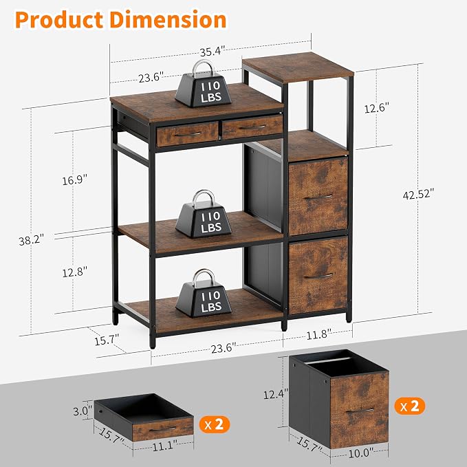 JUSTOGO Printer Stand with 4 Drawer, 43" x 36" x 16" Extra Large File Cabinet with Open Storage Shelf, 5 Tier Printer Table Lateral Filing Cabinet for Home Office, Rustic Brown