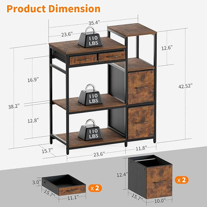 JUSTOGO Printer Stand with 4 Drawer, 43" x 36" x 16" Extra Large File Cabinet with Open Storage Shelf, 5 Tier Printer Table Lateral Filing Cabinet for Home Office, Rustic Brown
