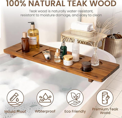 Teak Bathtub Tray - Wood Bath Caddy Tray 29" for Small Tubs - Adjustable Bathtub Table Trays - Luxury Shower Organizer for Home Spa Relaxation and Reading - Light Walnut Color