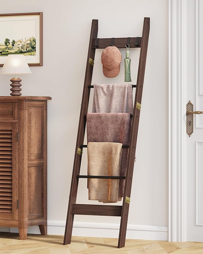 Hzuaneri Blanket Ladder for Living Room, Decorative Quilt Rack with 4 Removable Hooks, 6-Tier Farmhouse Ladder Holder Shelf Organizer for Bedroom, Black Tea Brown and Black BR31520B