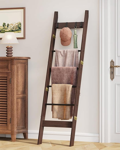 Hzuaneri Blanket Ladder for Living Room, Decorative Quilt Rack with 4 Removable Hooks, 6-Tier Farmhouse Ladder Holder Shelf Organizer for Bedroom, Black Tea Brown and Black BR31520B