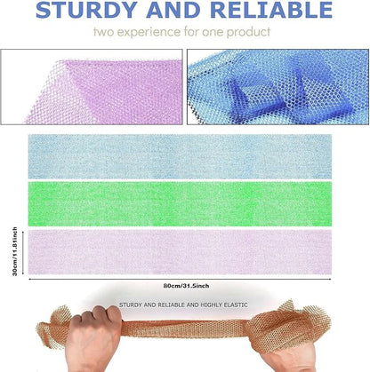 UJFQBH 3 Pieces African Bath Sponge African Net Long Net Bath Sponge Exfoliating Shower Body Scrubber Back Scrubber Skin Smoother,Great for Daily Use (Pale Purple, Blue, Green)