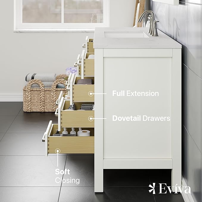 Eviva Aberdeen 54 in. White Single Sink Bath Vanity with Carrara Quartz Top and Undermount Porcelain Sink