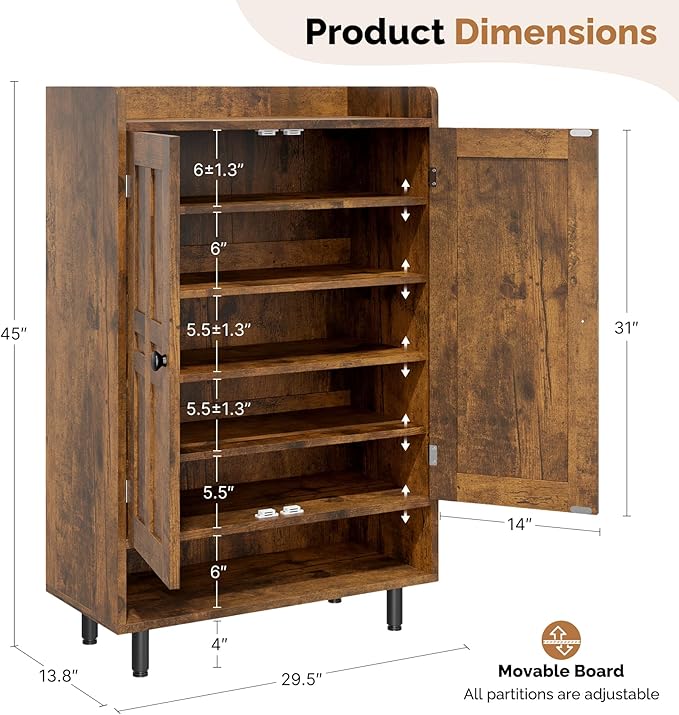 Farmhouse Shoe Cabinet with Doors, 6-Tier Wooden Shoe Organizer with Adjustable Shelves, Entryway Storage Cabinet, Rustic Shoe Storage for Entryway or Living Room (Rustic Brwon)
