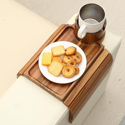 Couch Cup Holder Tray,Acacia Wood Couch Arm Table with Phone Holder, Large Foldable Sofa Arm Tray for Drink Snacks Table