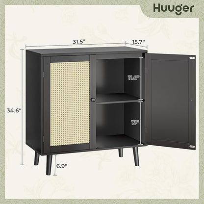 Huuger Buffet Cabinet with Storage, Storage Cabinet with Synthetic Rattan Decor Doors, Solid Wood Feet, for Hallway, Entry, Living Room, Black