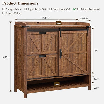 OKD Shoe Storage Cabinet with 2 Flip Drawers & Sliding Door, Farmhouse Entryway Shoe Organizer, Freestanding Rustic Hidden Shoe Rack Cabinet for Entryway, Reclaimed Barnwood