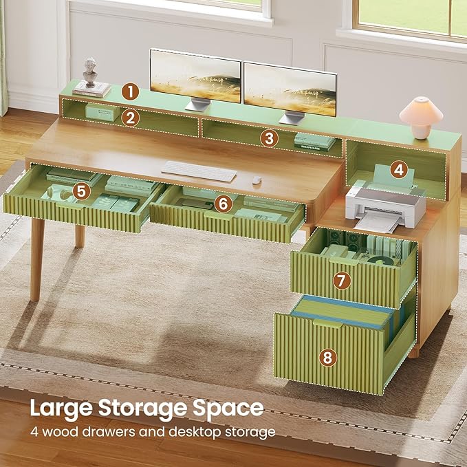 SEDETA 59" Computer Desk with 4 Storage Drawers, Fluted Wood Office Desk with File Drawer, LED Lights and Power Strip, Gaming Table Writing Desk for Home Office, Living Room, Bedroom, Oak