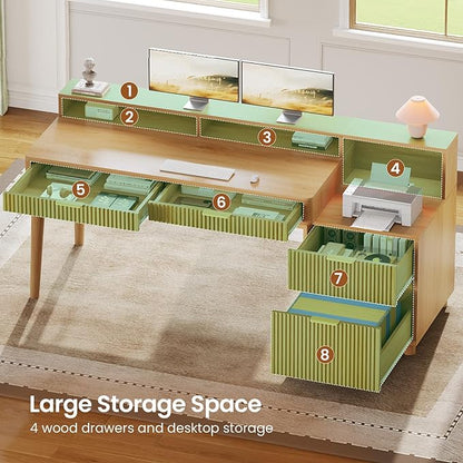 SEDETA 59" Computer Desk with 4 Storage Drawers, Fluted Wood Office Desk with File Drawer, LED Lights and Power Strip, Gaming Table Writing Desk for Home Office, Living Room, Bedroom, Oak