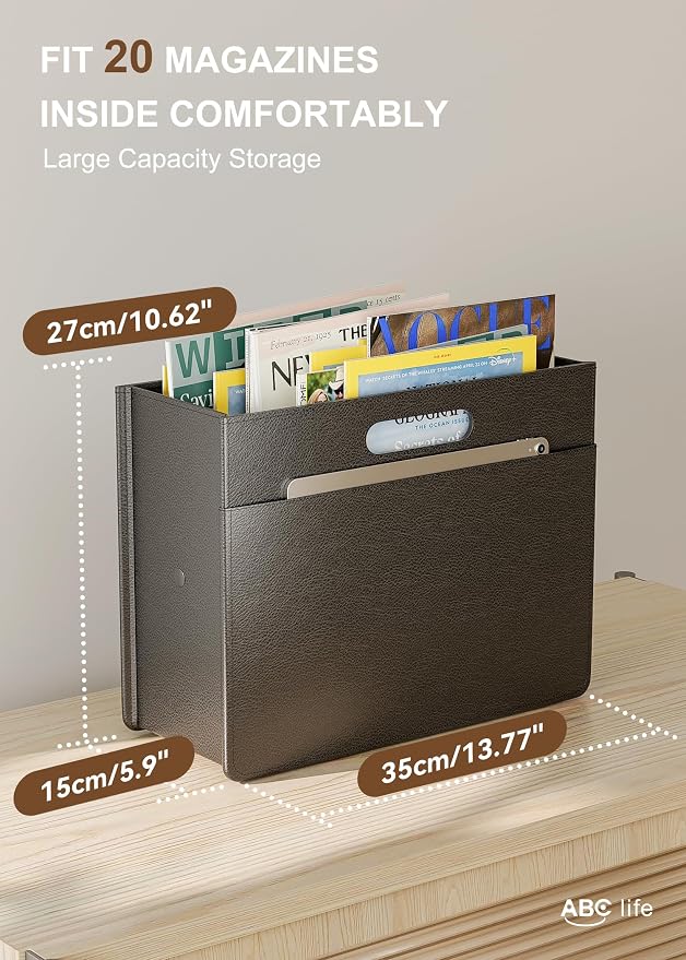 ABC life 2 PACK Magazine Basket Holder, PU Leather Foldable Magazine Rack, Document File Holder Organizer, Newspaper Book Storage Bin Organizer for Living Room Home Office, Balck