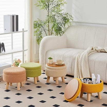 Wimarsbon Storage Ottoman, Modern Round Footrest with Soft Padded Seat, Teddy Velvet Footstool with Wood Legs, Accent Small Table or Plant Stand for Hallway, Living Room (Brilliant Yellow)