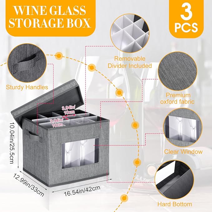 Norme 3 Pack Wine Glasses Storage Box with Dividers, 12 Compartments Stemware Storage Cases Champagne Flute Box with Lid Handle Window China Container Organizer for Moving(Wine Glass Size,Gray)