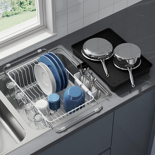 JASIWAY Dish Drying Rack in Sink, Expandable Stainless Steel Dish Drainers with Drainboard for Kitchen Counter, Space Saving Dish Dryer Rack, Over The Sink Dish Racks with Utensil Holder & Cups Holder