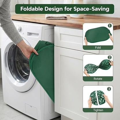 Durable Collapsible Laundry Baskets, Foldable Laundry Basket with Handy Pocket, Mesh Pop Up Clothes Hamper with Reinforced Carry Handles for Laundry, Bathroom, Kids Room, Travel -Leaf Print, Green